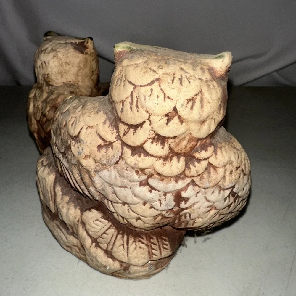 Vintage 70s Ceramic Owl Family Planter Mat Bisque Boho Decor